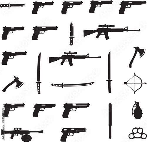 Black silhouette weapons icon set (no detail)