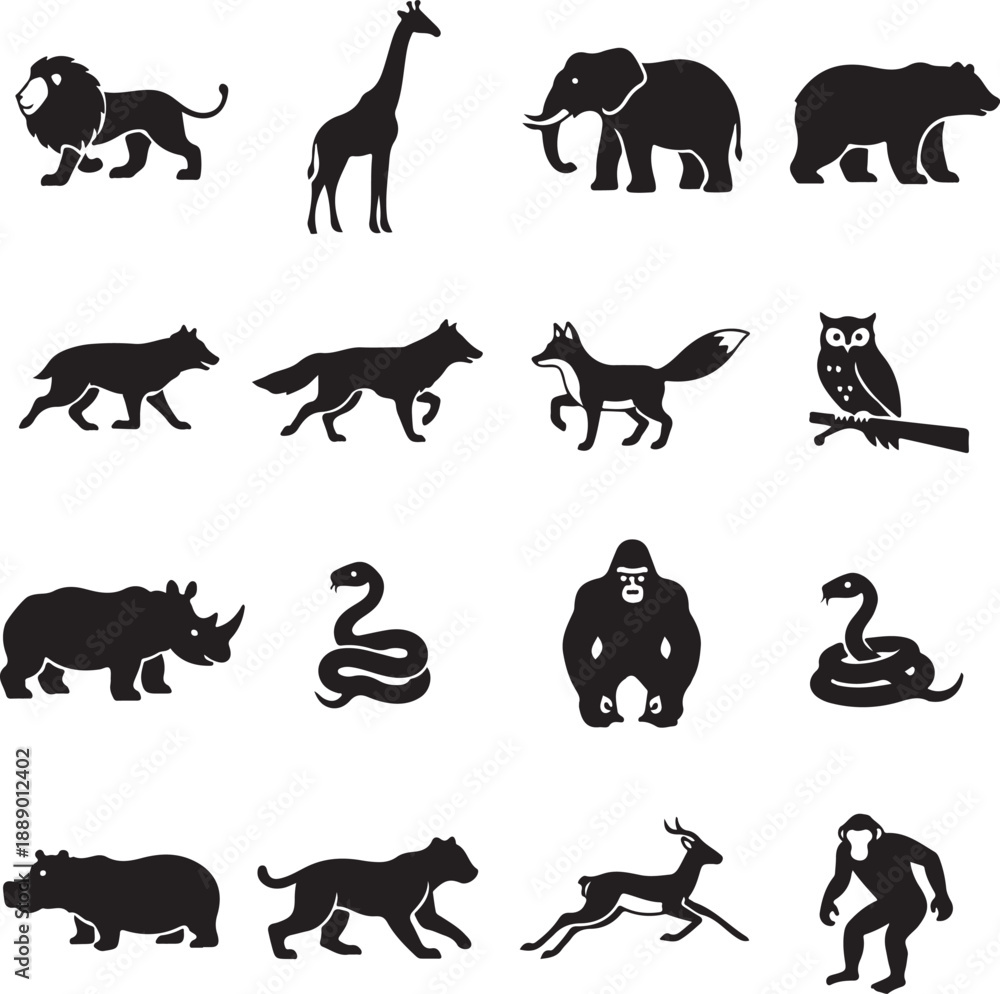 Fototapeta premium Black silhouette wild animals icon pack