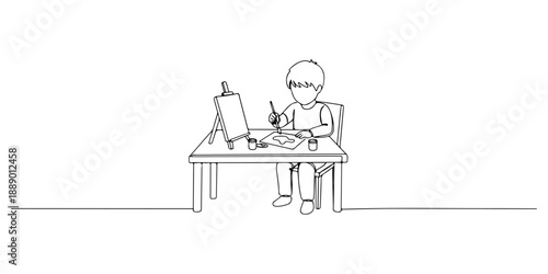 Continuous one line of a child painting at a home table, symbolizing creativity in homeschooling , drawn vector illustration.