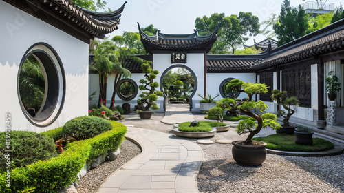 Chinese garden landscaping. An image showing the traditional style architecture of a Chinese garden, with its round typical moon gateway entrance. Path of round coloured pebbles lead throught a green 