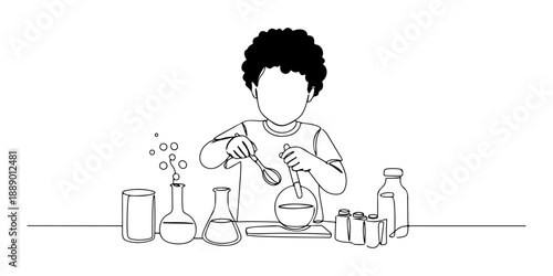 Continuous one line of a child doing science experiments in the kitchen, representing hands-on learning at home , drawn vector illustration.