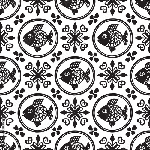 Seamless fish medallion folk quilt pattern