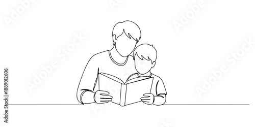 Continuous one line of a parent reading aloud to a child, representing literacy in homeschooling, drawn vector illustration.