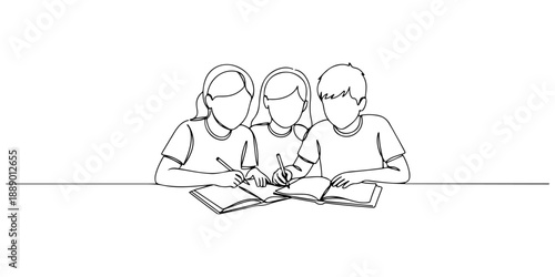 Continuous one line of a sibling learning together at home, representing collaborative homeschooling, drawn vector illustration.