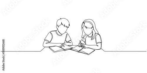 Continuous one line of a sibling learning together at home, representing collaborative homeschooling, drawn vector illustration.