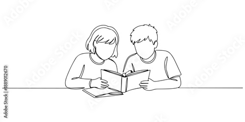 Continuous one line of a sibling learning together at home, representing collaborative homeschooling, drawn vector illustration.