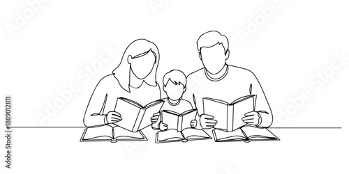 Continuous one line of a family studying together with open books, representing shared education at home, drawn vector illustration.