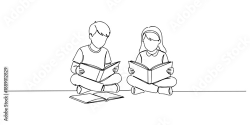 Continuous one line of a child reading books on the living room floor, symbolizing flexible home learning, drawn vector illustration.