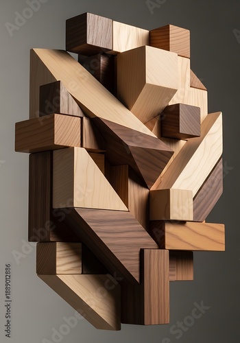 Abstract Wooden Block Sculpture - A Dynamic Composition of Geometric Shapes and Natural Tones.