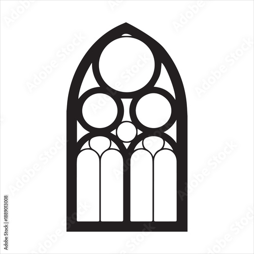 A stylized black and white silhouette of a gothic cathedral window with pointed arches and intricate tracery patterns