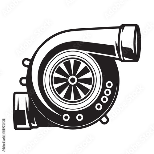 Black and white graphic illustration of a turbocharger engine part automotive mechanical
