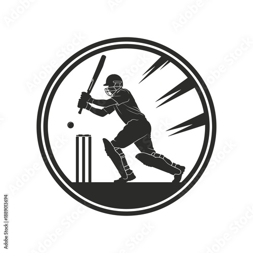 Silhouette of a cricket player batting during a game within a circular emblem design