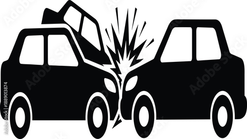 Car accident icon collection, black and white crash graphics, collision symbols, vehicle impact illustrations, minimal style, vector design elements