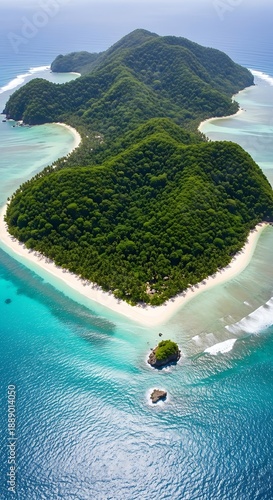 Aerial view of a lush green tropical island surrounded by turquoise ocean waters and white sandy beaches.