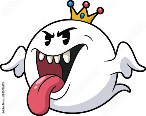 Funny cartoon ghost wearing crown with tongue out