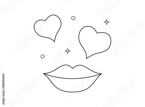 Love Kiss Line Icon – Hearts and Lips Outline Romance Symbol