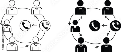 Call center communication cycle icons showing teamwork workflow with phone support in outline and solid vector style