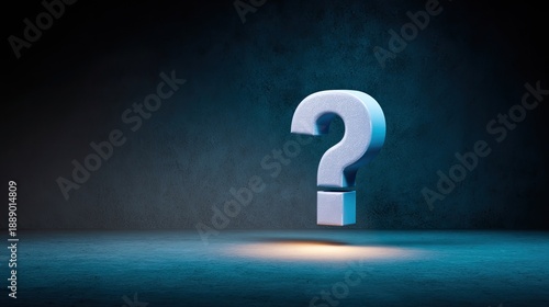 3D Question Mark Symbol Floating Against a Dark Background in a Mysterious Light with Thought-Provoking Atmosphere and Intriguing Design Elements