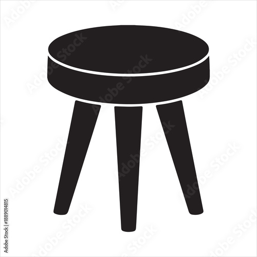 Black silhouette of a round stool with three tapered legs on a white background seat furniture