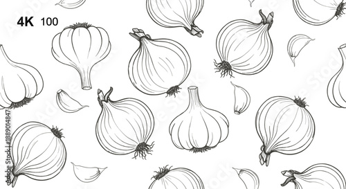 Hand drawn onion and garlic seamless pattern vector illustration vintage vegetable sketch background design