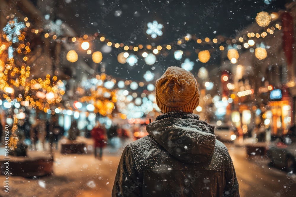 Obraz premium Snowy Christmas evening in a bright city
