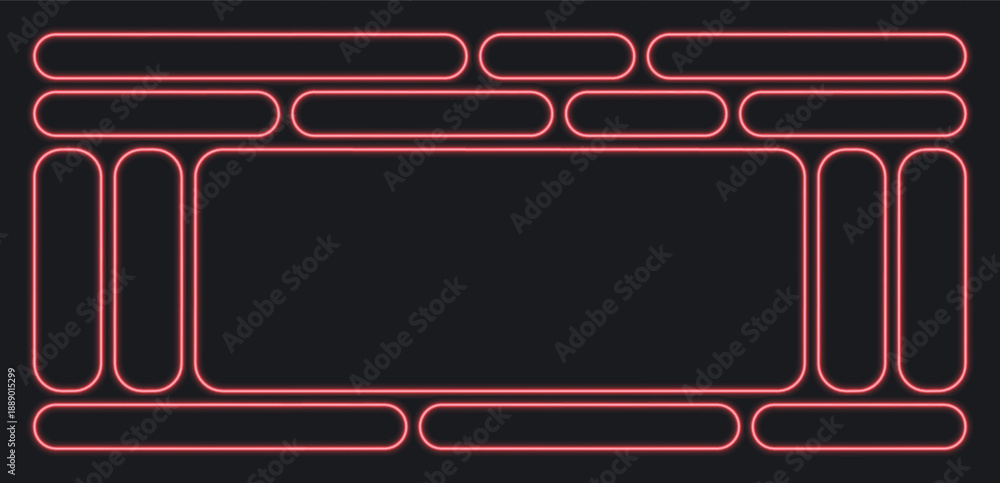 Obraz premium Neon button call action frame with light effect isolated on dark bg. Hud game frame box with glow, red neon pill shape for web or mobile ux, vector illustration. Different shape neon banner set.
