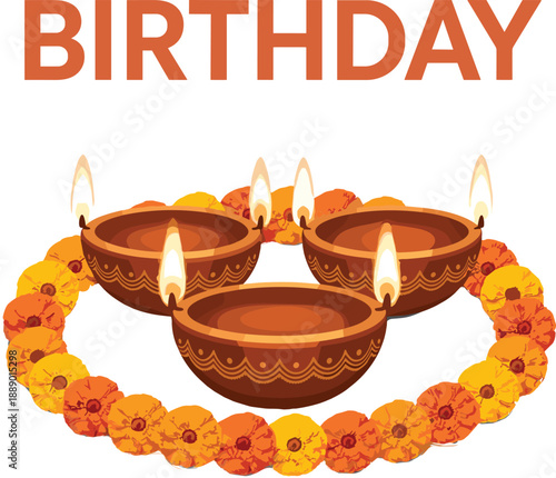 Birthday greeting with lit diyas and marigold garland