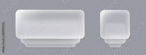 Liquid glass push button on transparent, 3d light frame banner set, glass panel for mobile and web app, tech board frame in futuristic style. Light banner stack with glow effect, vector illustration.