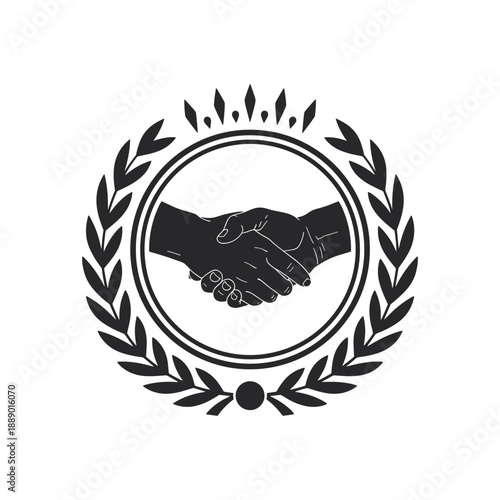 Symbol of Agreement and Partnership Illustrated with Handshake Inside Laurel Wreath Emblem
