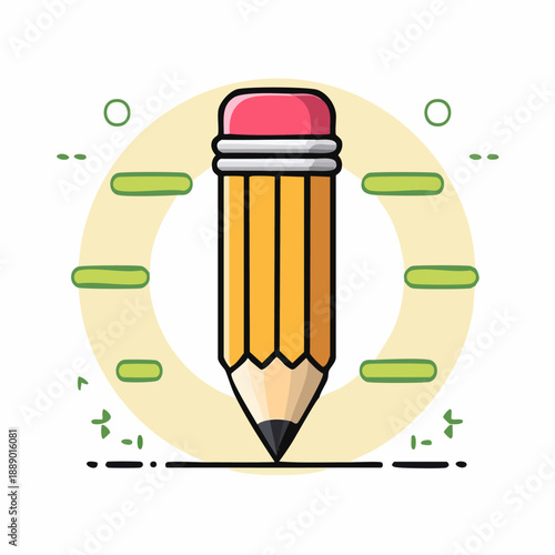 A pencil drawing a line on a surface, surrounded by design elements, in a simple flat illustration style