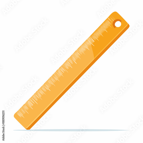 An orange plastic ruler with measurement markings is tilted on a flat surface, viewed from a slightly elevated angle.