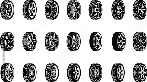 Car wheel and tire icons for automotive design, vehicle customization, rim styles, tread patterns, transportation, repair, and engineering concepts