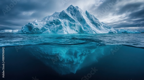 Wallpaper Mural A stunning iceberg rises from icy waters, showcasing its majestic peaks and underwater formations beneath a moody sky. Torontodigital.ca