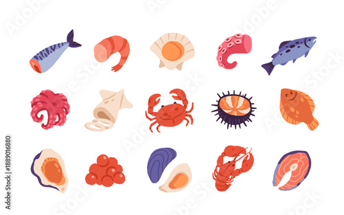 Seafood and fish vector set. Flat cartoon marine food illustration collection, ocean animals, shellfish, shrimp, crab, lobster, mussels, salmon, healthy protein food icons