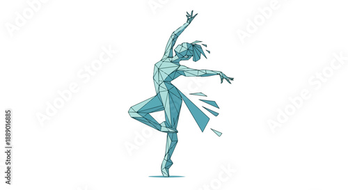 Teal-colored illustration of a dancer in a dynamic pose with one leg raised and arm extended on a white background.