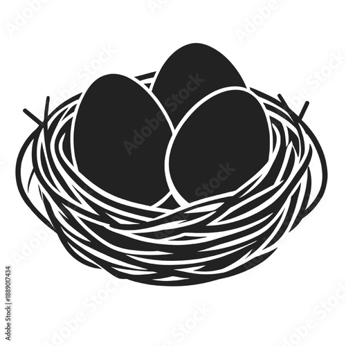 Black silhouette illustration of a bird nest containing three eggs made of woven twigs isolated on white background representing nature and new life