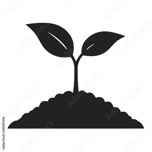 Black silhouette illustration of a young plant sprout with two leaves emerging from a mound of soil representing growth sustainability and new beginnings