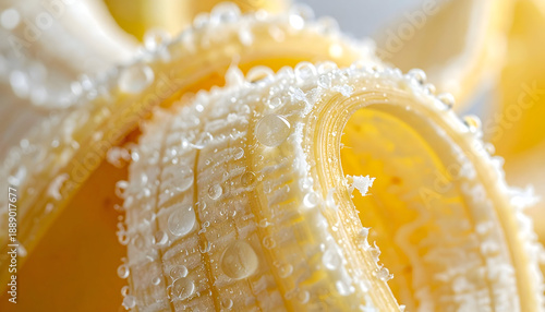 Close up of a ripe yellow banana covered in sparkling water droplets against a bright white background with soft diffused light highlighting its textured peel and inner segments