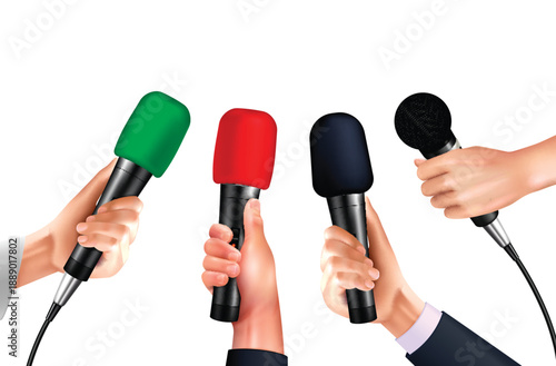 Journalism microphones podium realistic isolated communication reporting media illustration vector
