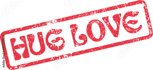 Vintage style distressed red HUG LOVE stamp imprint, symbolizing deep affection and tender care