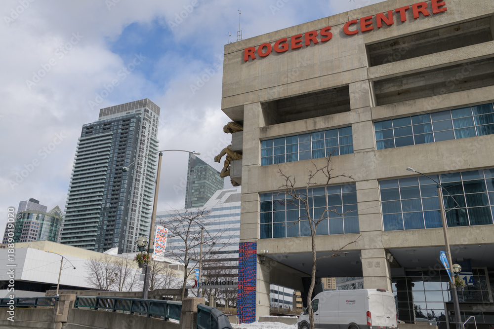 Fototapeta premium exterior of Rogers Centre, a stadium, west facing side at Blue Jays Way, Toronto