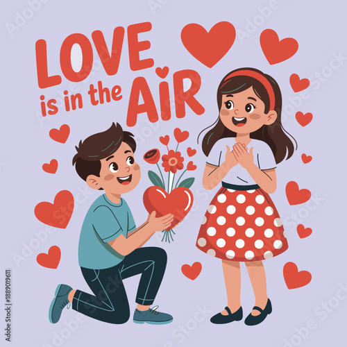 Boy gives girl flowers and heart on one knee love valentine