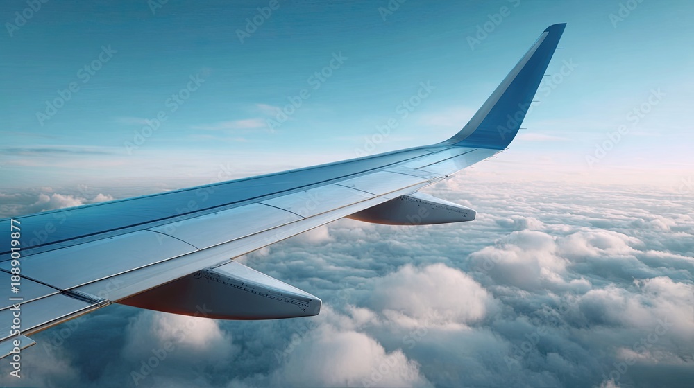 Obraz premium Serene View from an Airplane Wing Above the Clouds with a Clear Blue Sky and Soft, Fluffy Cloud Layer in the Background