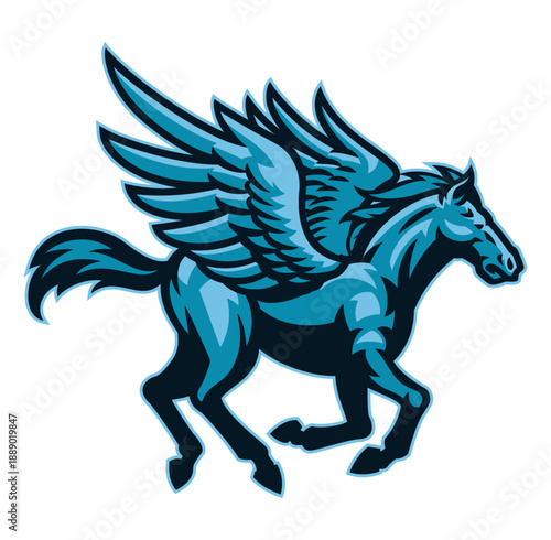 Soaring Pegasus: A majestic illustration captures a mythical Pegasus, a winged horse, in full flight against a clear sky, embodying freedom, fantasy, and the allure of the unknown.