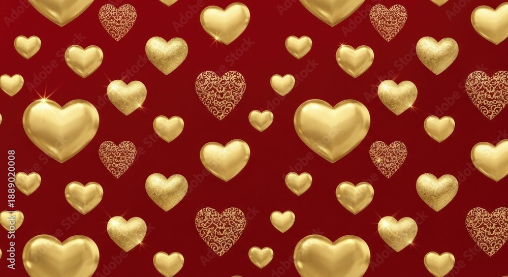 Naklejka premium Golden Hearts on Red Background Pattern.