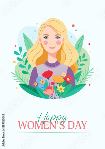 International Women’s Day banner template with charming blonde girl and vibrant flowers. Flat vector illustration for greeting cards, posters and spring holiday prints.