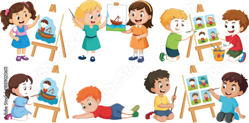 Children Painting and Drawing – Creative Art Class Flat Cartoon Vector Set