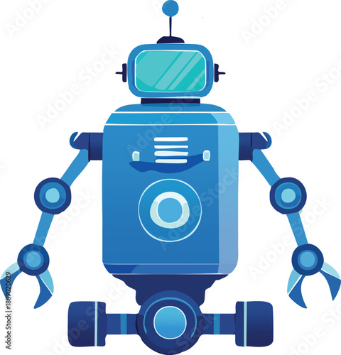 A friendly blue cartoon robot with a screen head, antenna, pincer arms, and a wheeled base, depicted in a modern digital art style.
