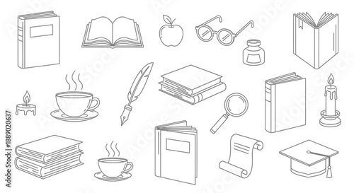 Collection of Vector Icons Representing Education, Reading and Cozy Lifestyle Elements