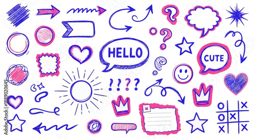 Collection of Hand-Drawn Doodle Elements: Arrows, Hearts, Stars, and Speech Bubbles